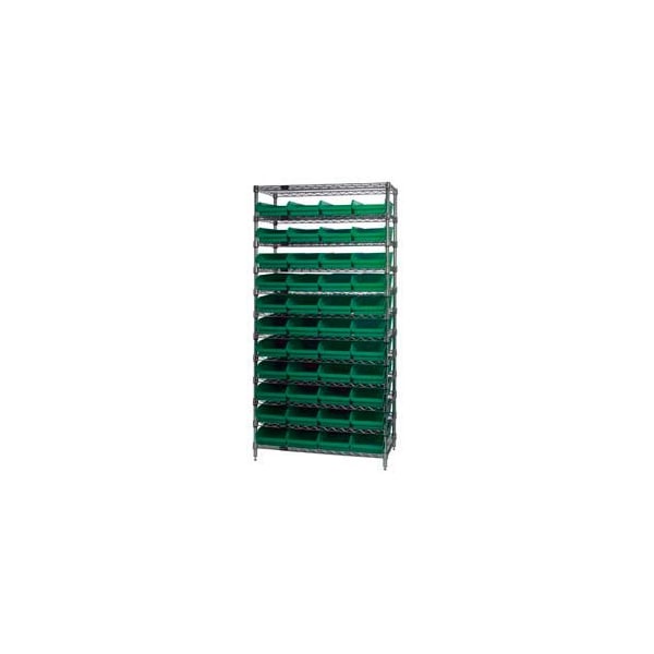 Global Industrial Chrome Wire Shelving with 44 4inH Plastic Shelf Bins Green, 36x14x74 268970GN - main